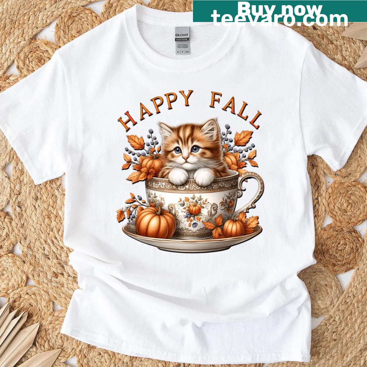 Kawaii kitten graphic with autumn leaves on womens T-shirt — on a men's t-shirt