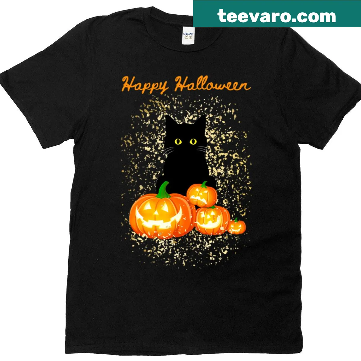 Illustration of a black cat with pumpkins on a Halloween T-shirt — on a men's t-shirt