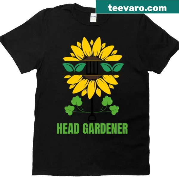T-shirt featuring a garden fork and a yellow flower illustration.