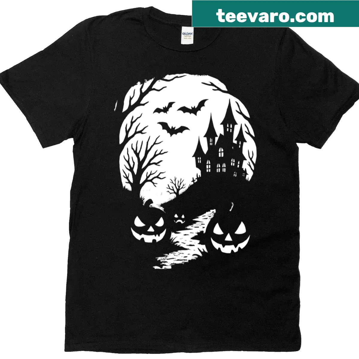 Cartoon T-shirt featuring jack-o-lanterns and ghosts for Halloween fun — on a men's t-shirt