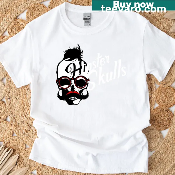 Hipster-themed T-shirt featuring a detailed skull illustration