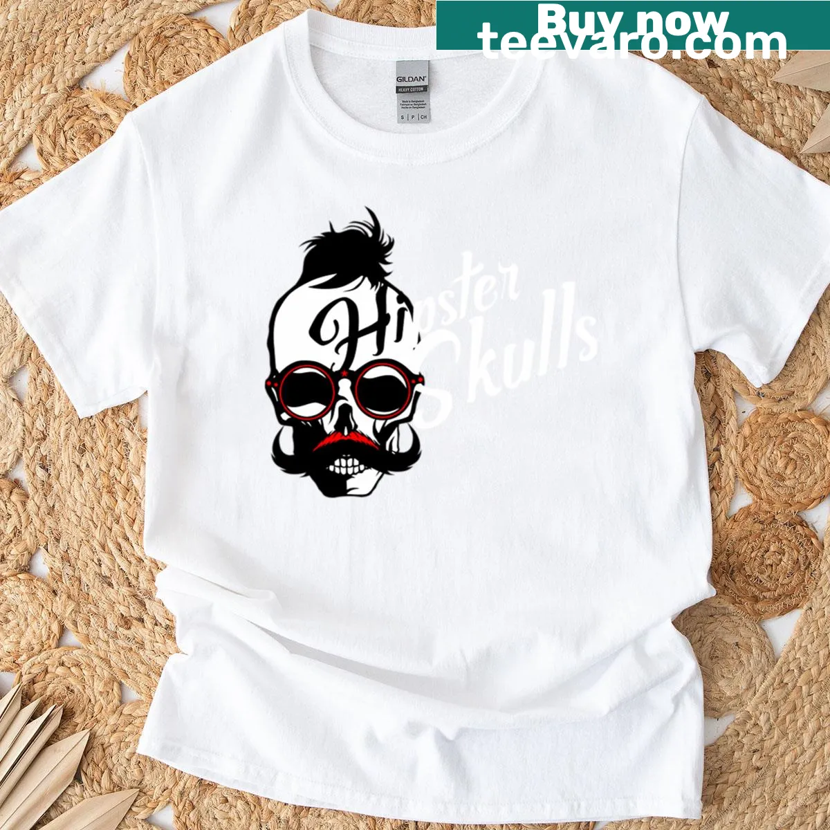 Hipster-themed T-shirt featuring a detailed skull illustration — on a men's t-shirt