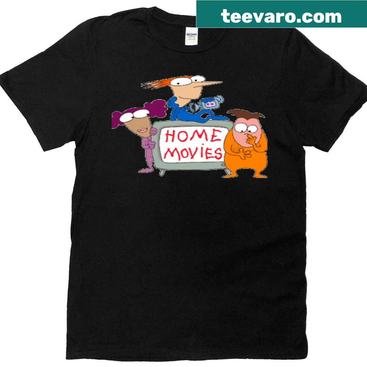 Cartoon-style T-shirt celebrating home movies — on a men's t-shirt