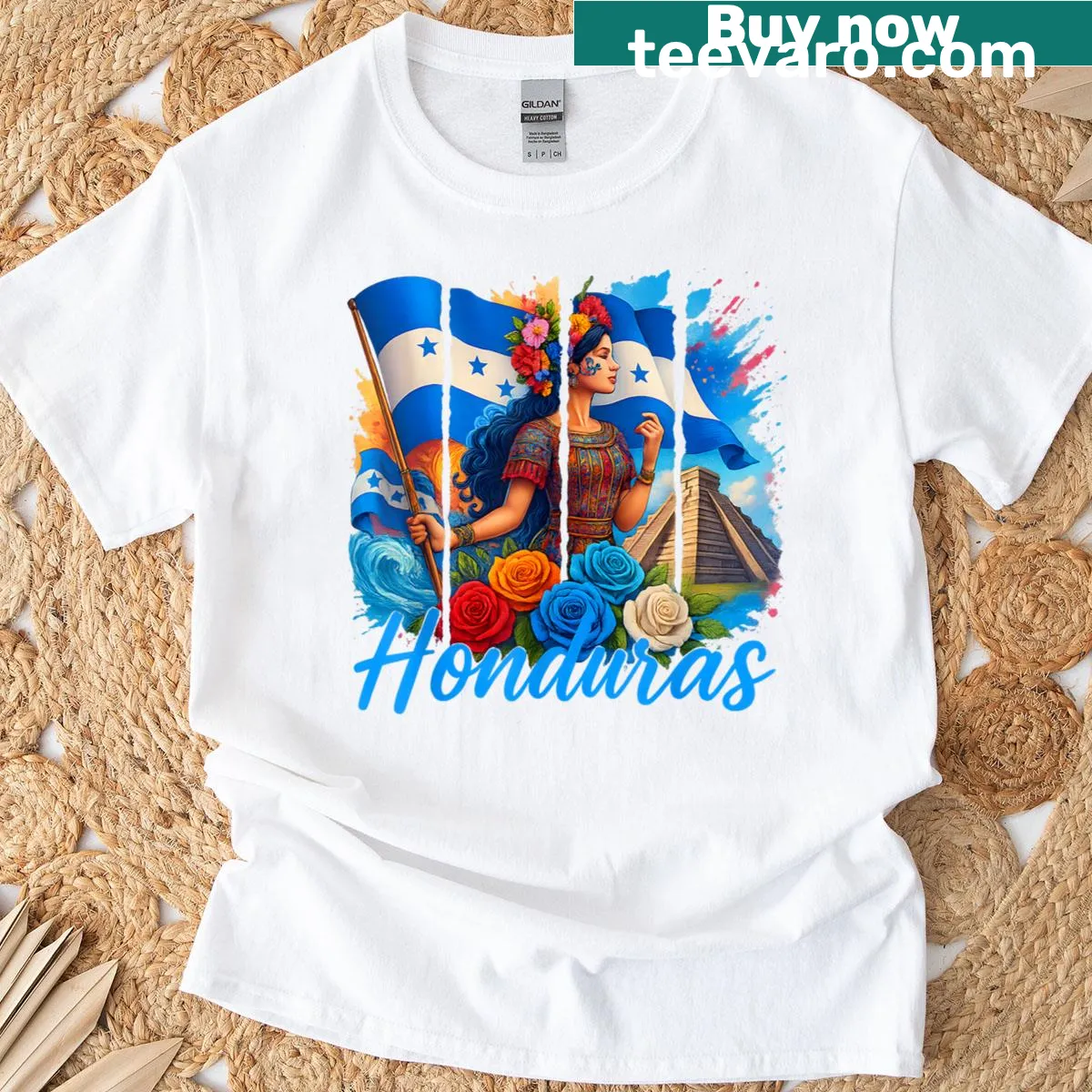 T-shirt featuring the Honduran flag and Copan imagery — on a men's t-shirt