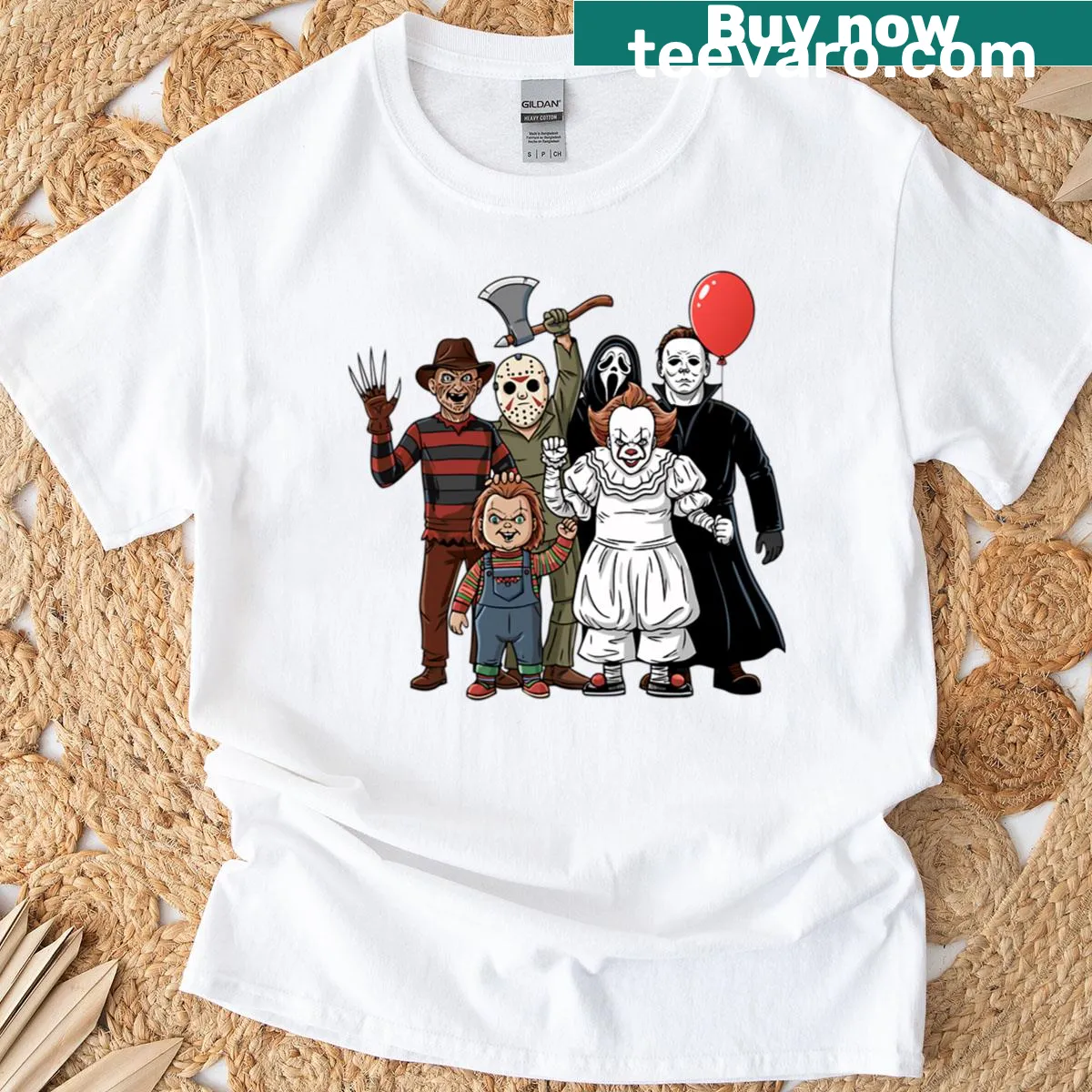 Playful Horror Party t-shirt with spooky graphics and bold lettering — on a men's t-shirt