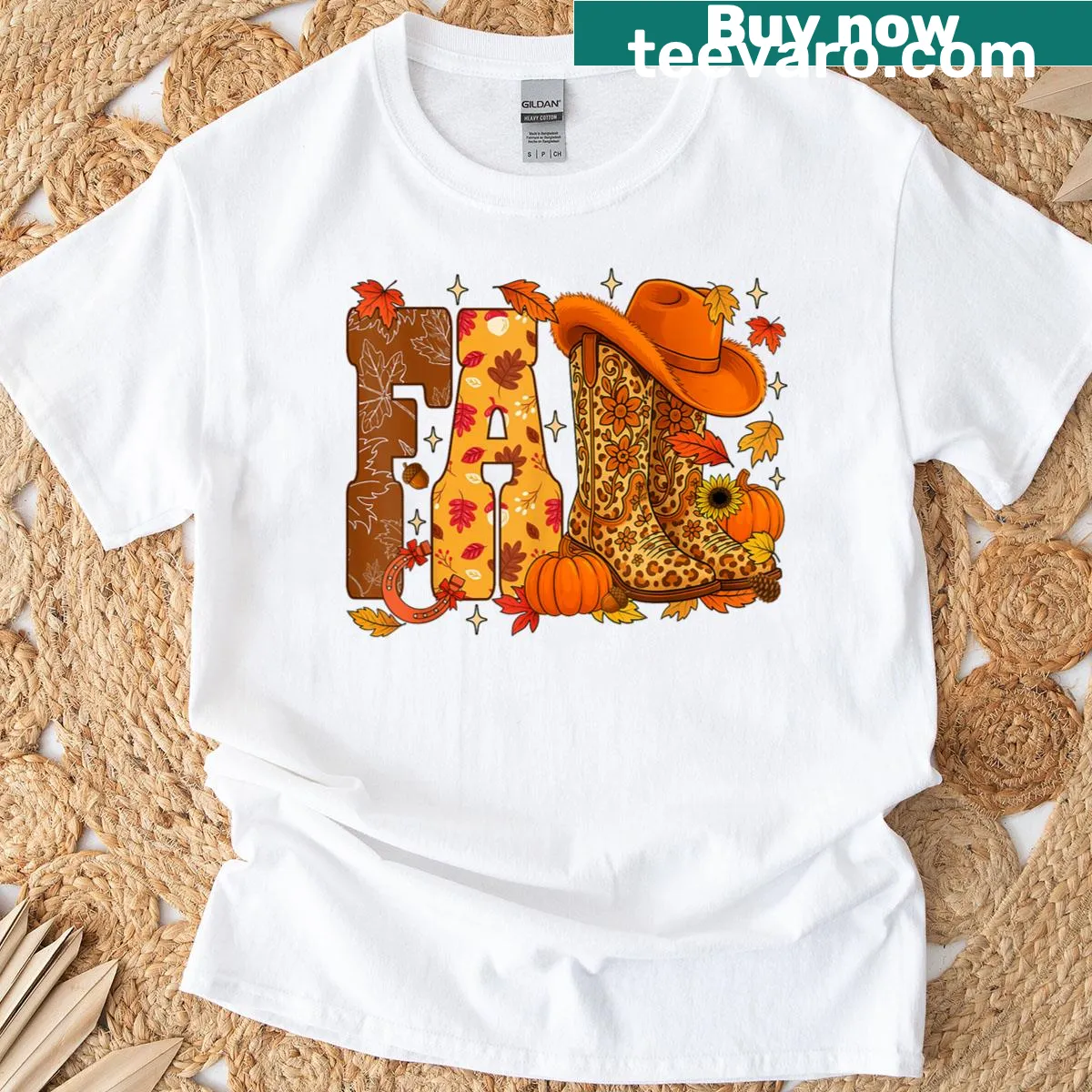 Fall-themed t-shirt with western leopard boots illustration — on a men's t-shirt