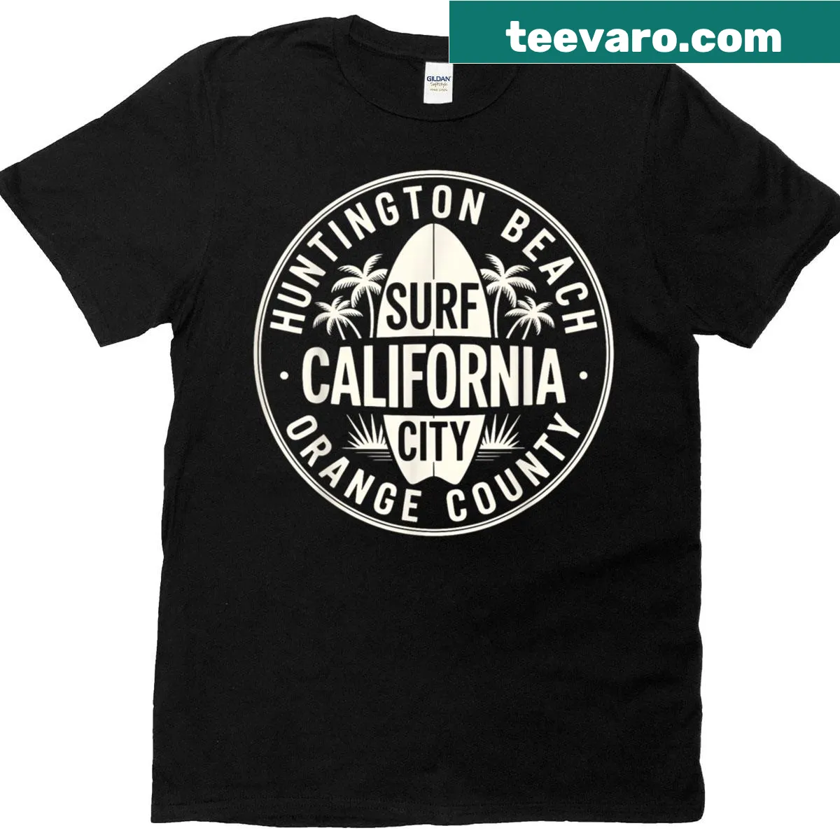 Retro T-shirt representing Huntington Beach with surf-themed graphics. — on a men's t-shirt