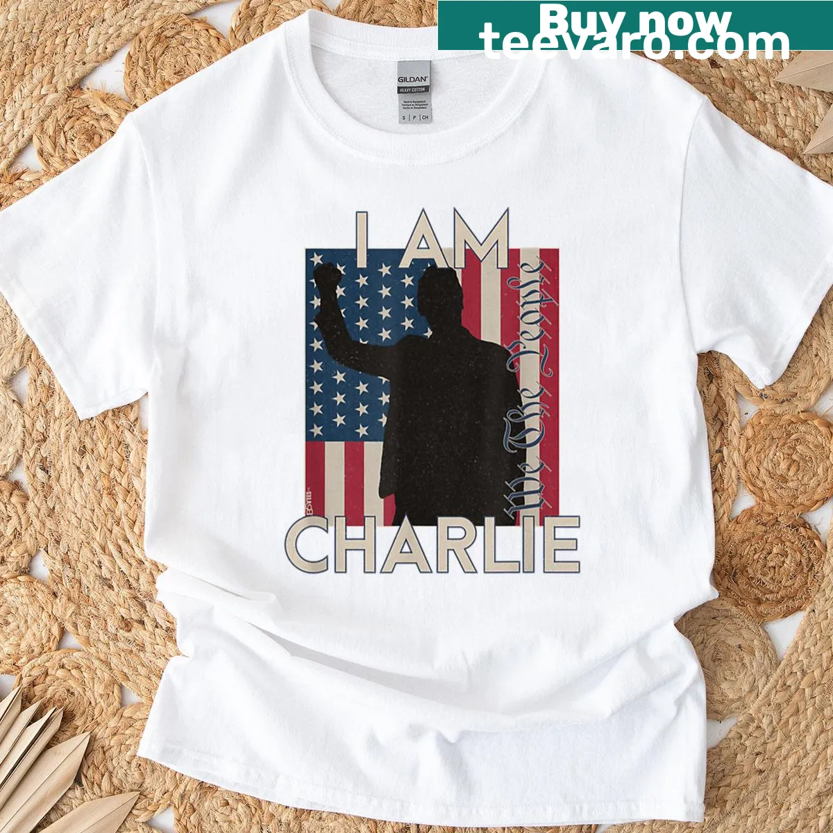 Patriotic I Am Charlie t-shirt featuring artistic American flag design — on a men's t-shirt