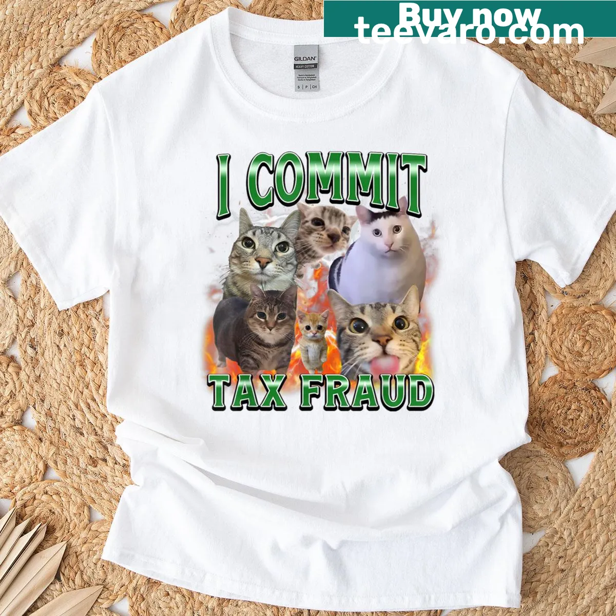 Bootleg graphic tee featuring a funny cat meme about tax fraud — on a men's t-shirt
