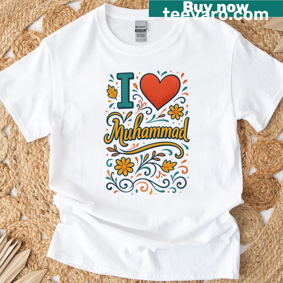 Heart graphic and text design expressing love for Muhammad — on a men's t-shirt