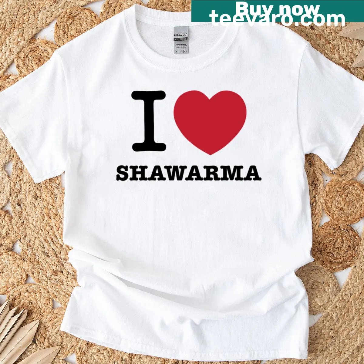 Humorous t-shirt with text: I Heart Shawarma — on a men's t-shirt