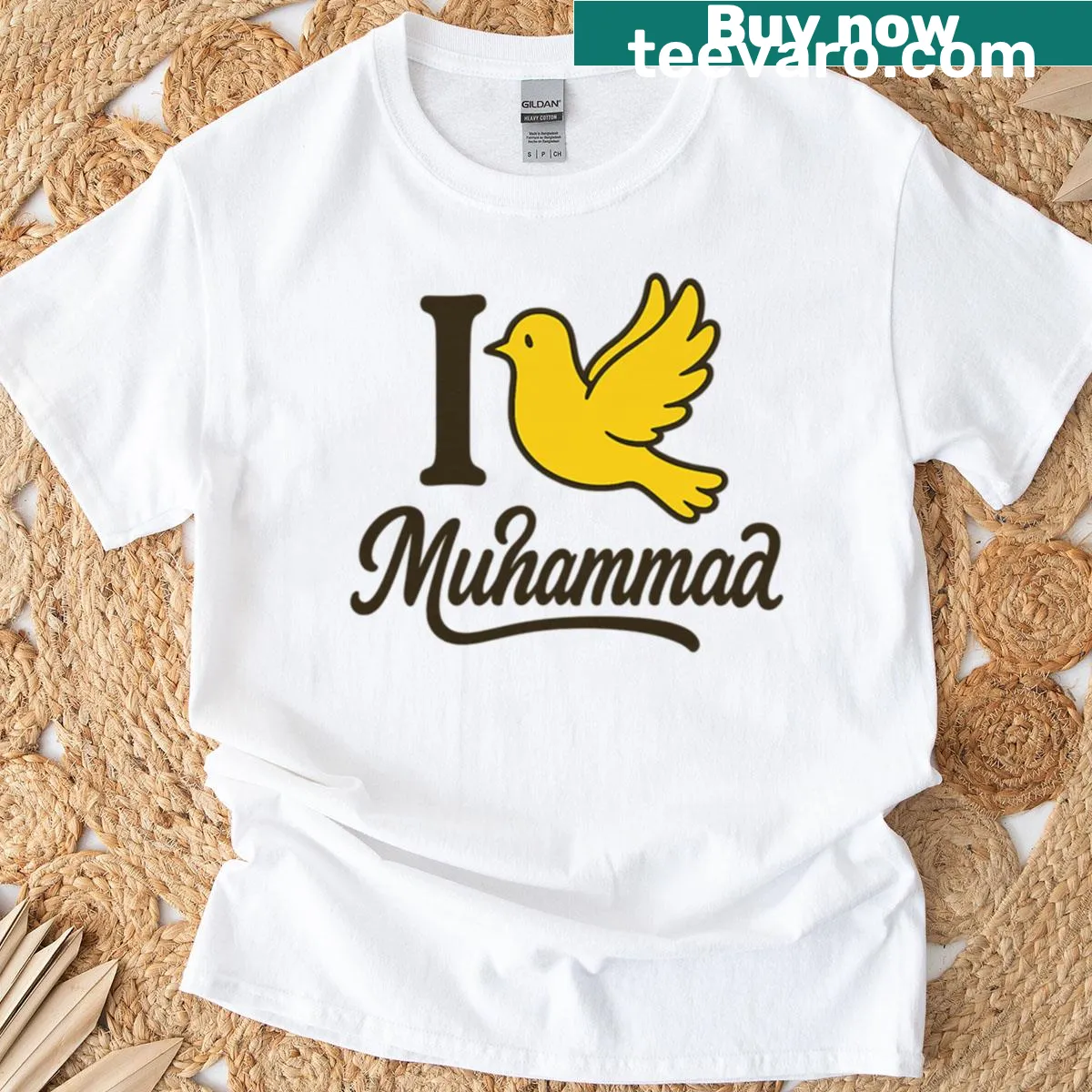 Minimalist design t-shirt featuring a dove symbol for Muhammad — on a men's t-shirt