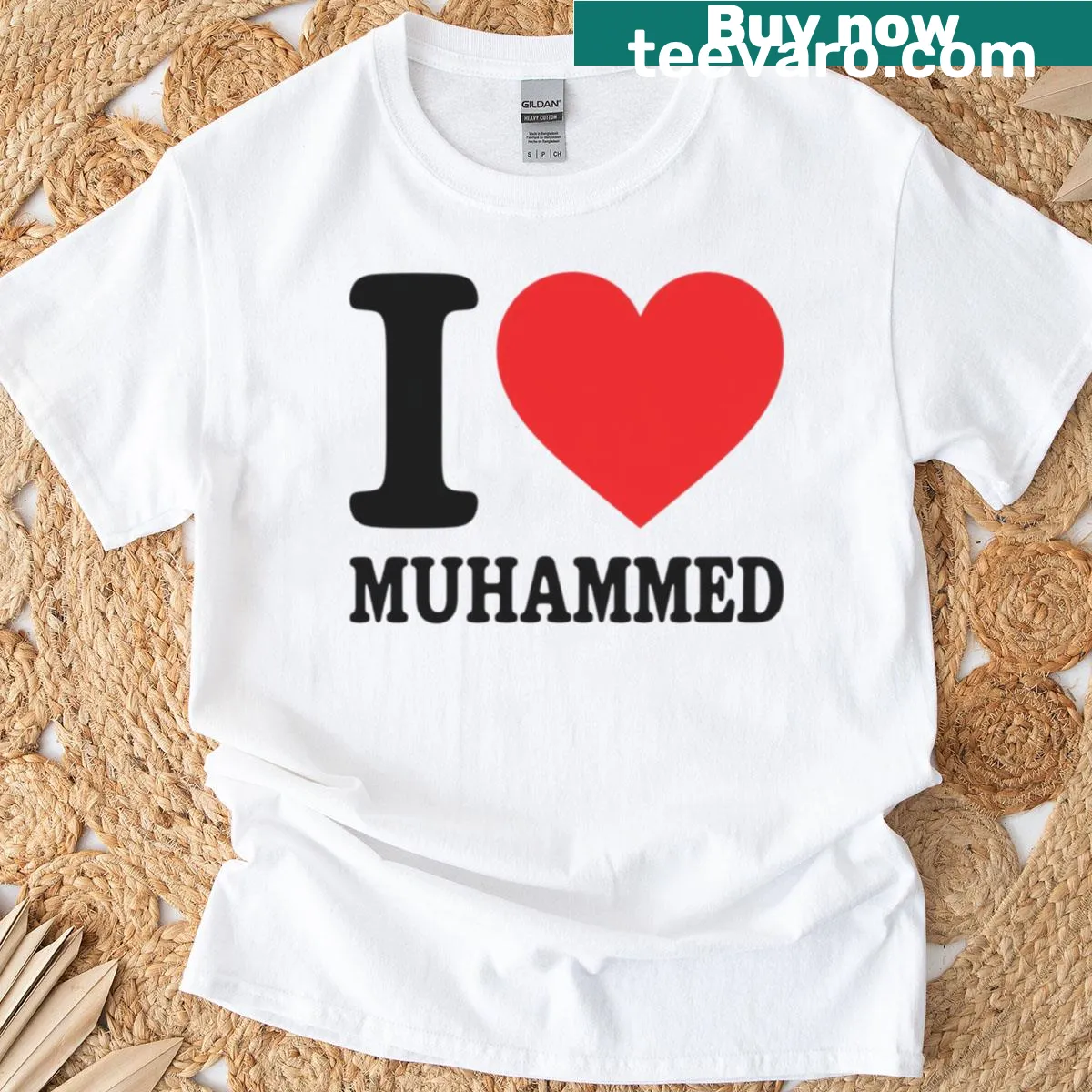 Minimalist heart design T-shirt featuring the name Muhammad — on a men's t-shirt