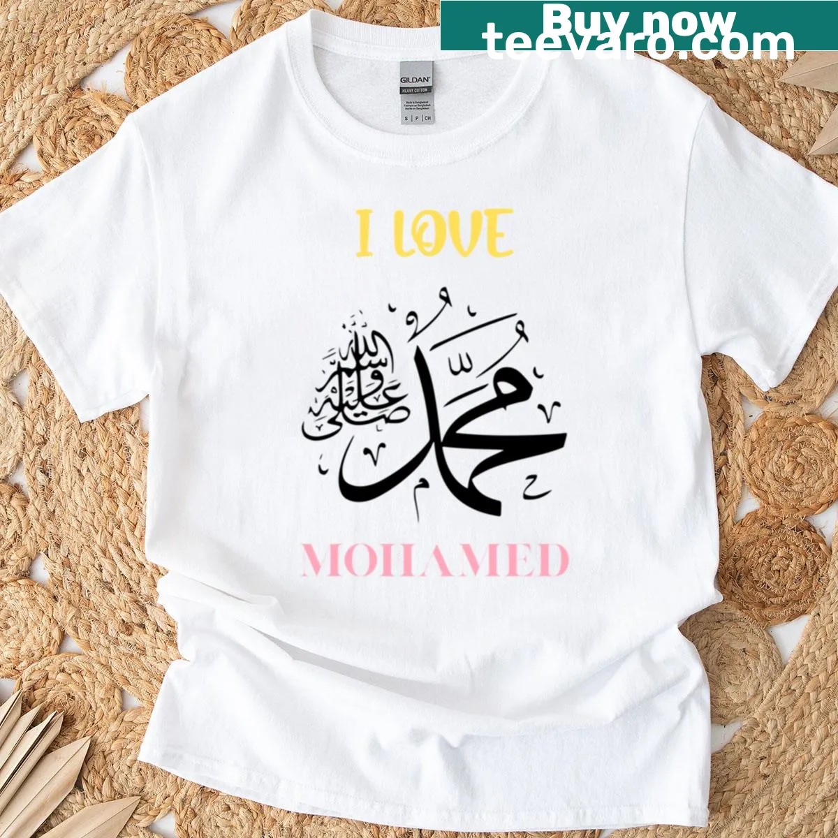 Islamic calligraphy T-shirt featuring a tribute to Prophet Muhammad — on a men's t-shirt