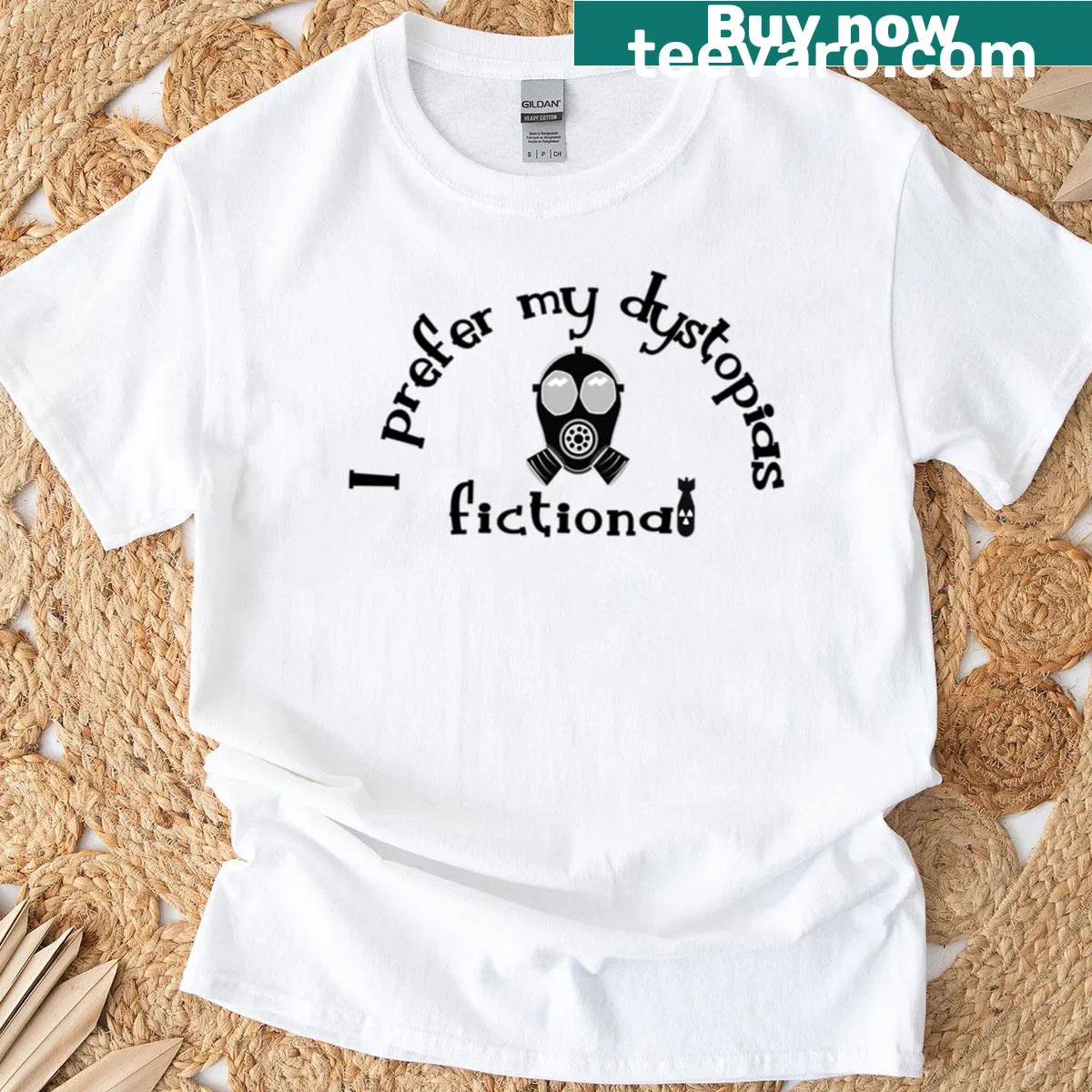 Witty I Prefer My Dystopias Fictional t-shirt with playful typography — on a men's t-shirt