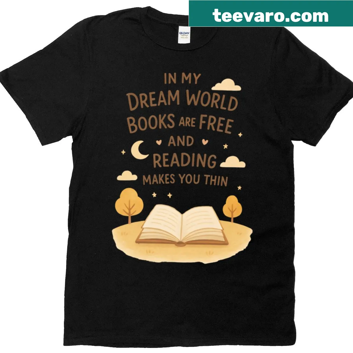 T-shirt with the phrase about books and reading in whimsical typography — on a men's t-shirt