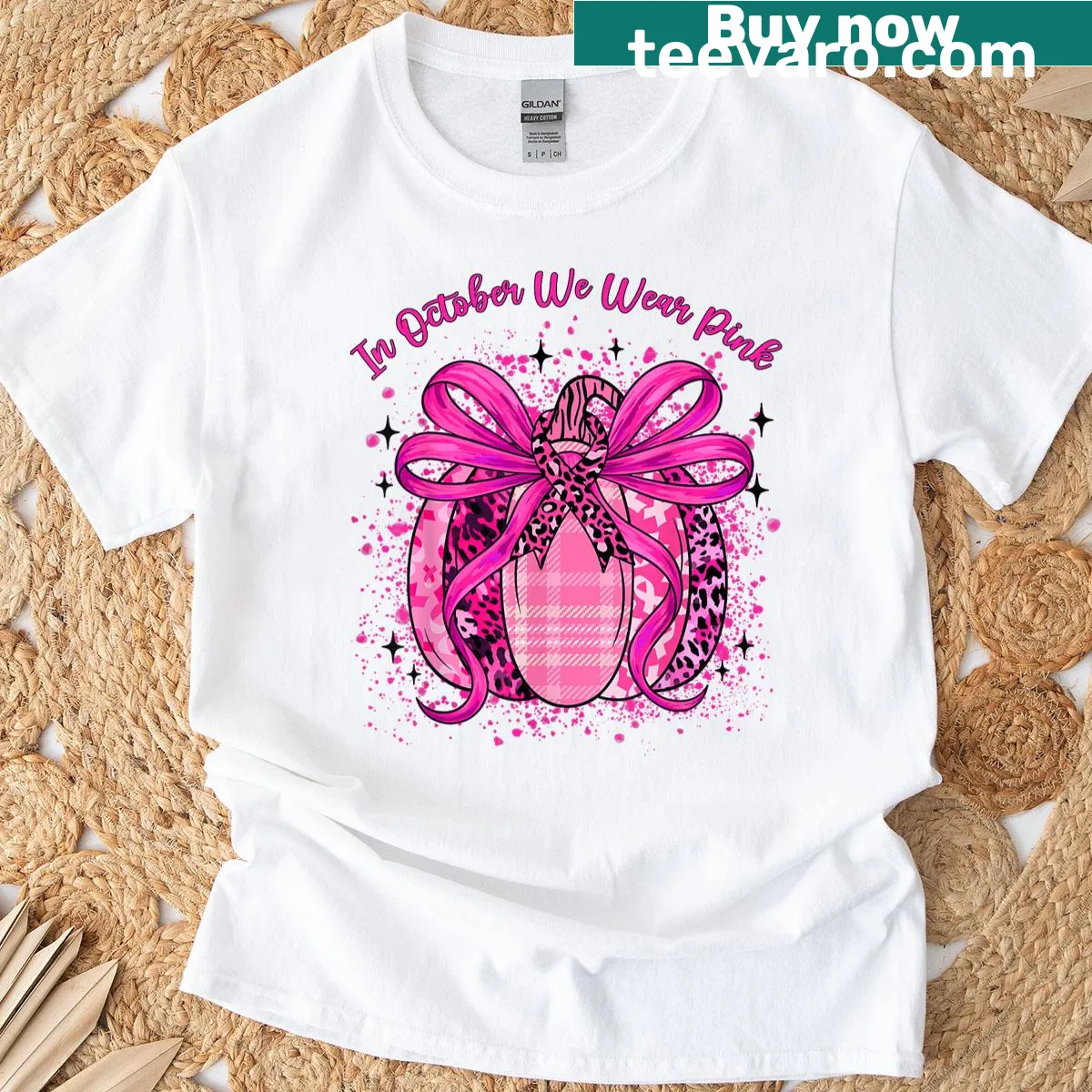 Pumpkin and pink ribbon design for breast cancer awareness shirt — on a men's t-shirt