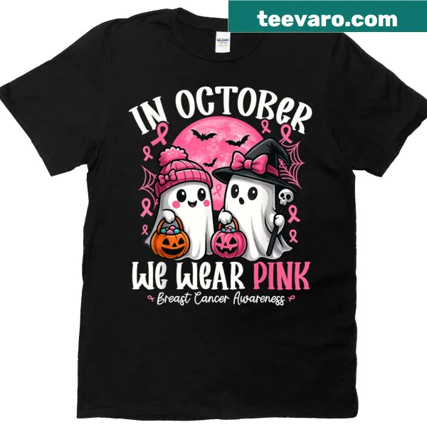 Illustrative t-shirt featuring a ghost witch and Breast Cancer Awareness theme