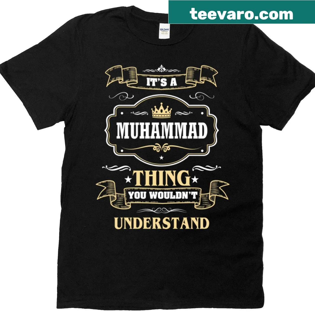 Humorous T-shirt with the name Muhammad in playful text — on a men's t-shirt
