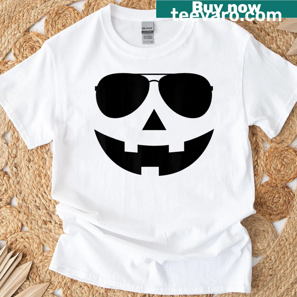 Funny T-shirt with a cartoon Jack O Lantern face design — on a men's t-shirt