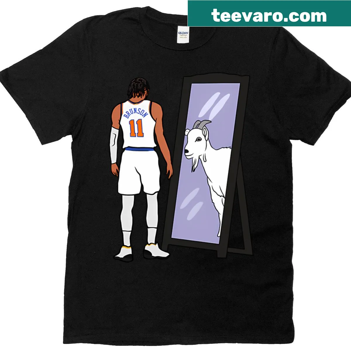 Graphic tee with Jalen Brunson's name and 'GOAT' design in mirror effect — on a men's t-shirt