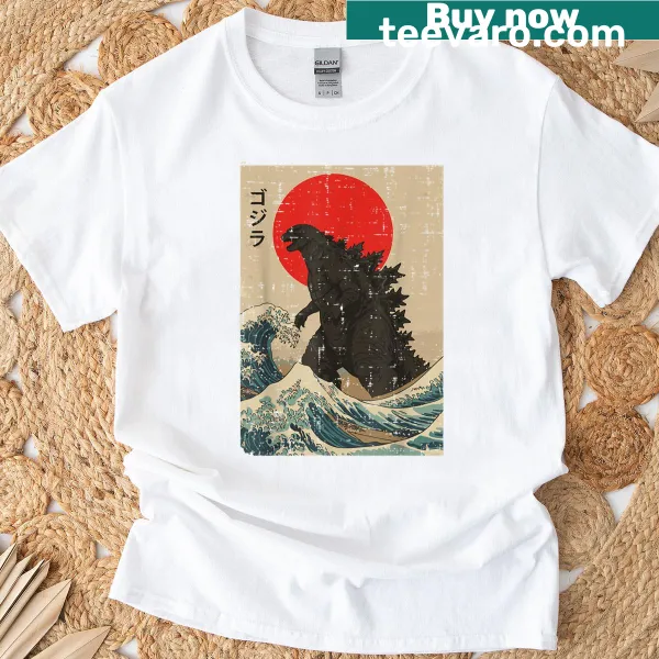 Kaiju monster design with waves and red sun on t-shirt