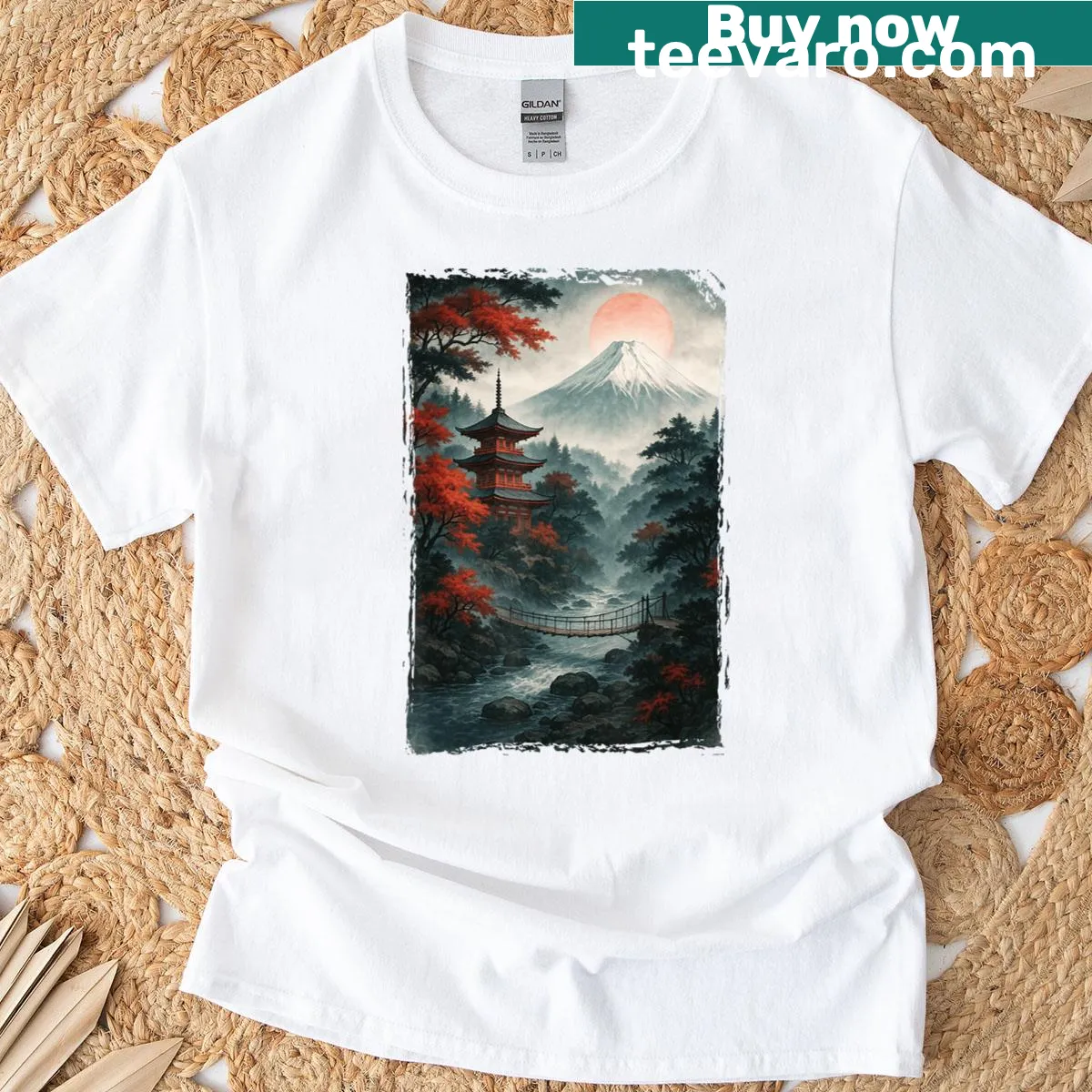 Vintage Japanese Landscape t-shirt with mountain view and sun illustration — on a men's t-shirt