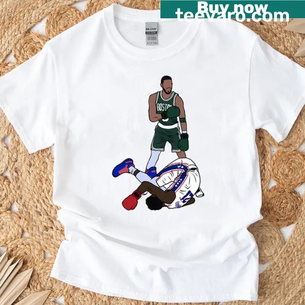 Illustration featuring basketball players Jayson Tatum and Joel Embiid.