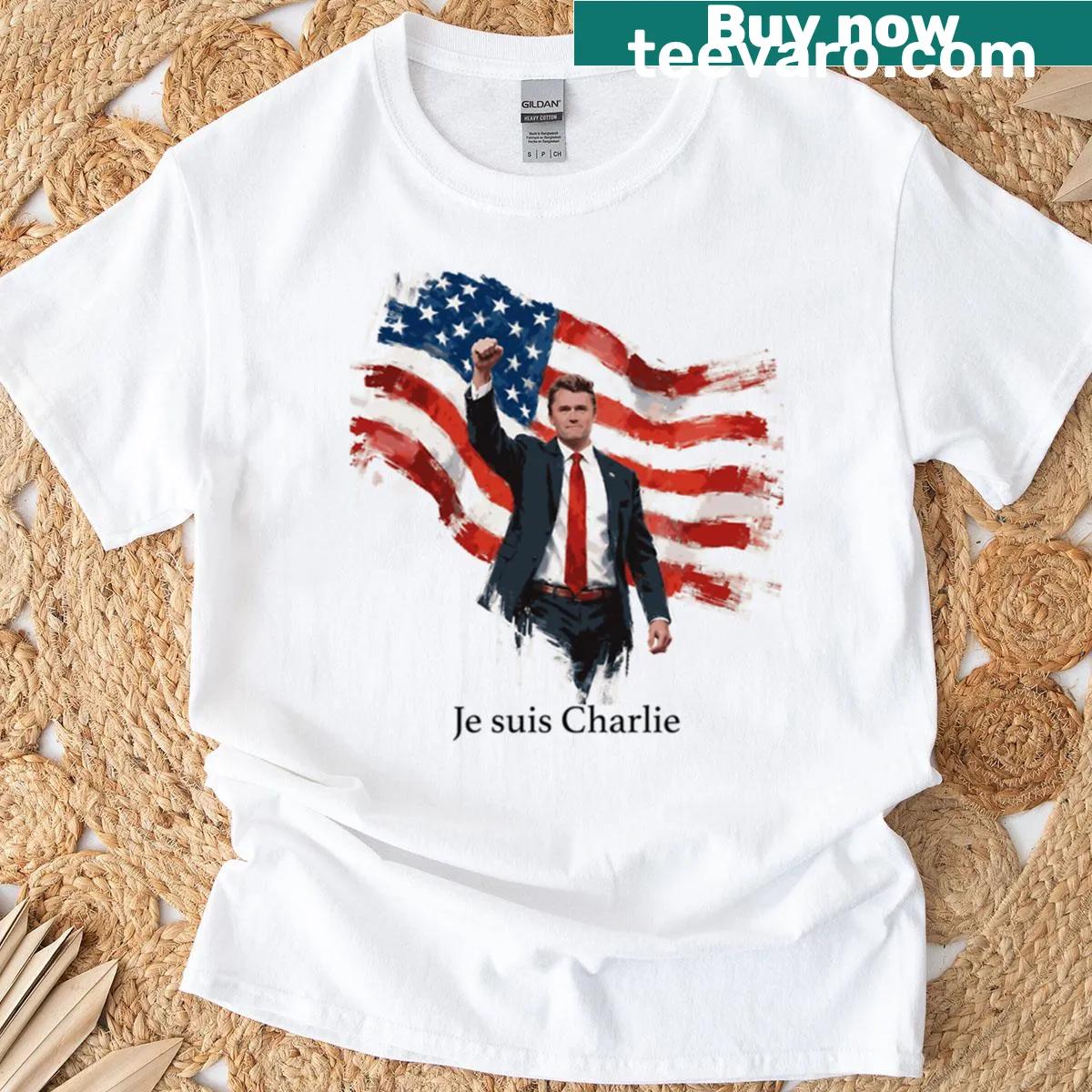 Bold typography t-shirt with the phrase Je Suis Charlie Kirk — on a men's t-shirt