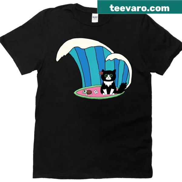Cute cat surfing on a wave graphic T-shirt