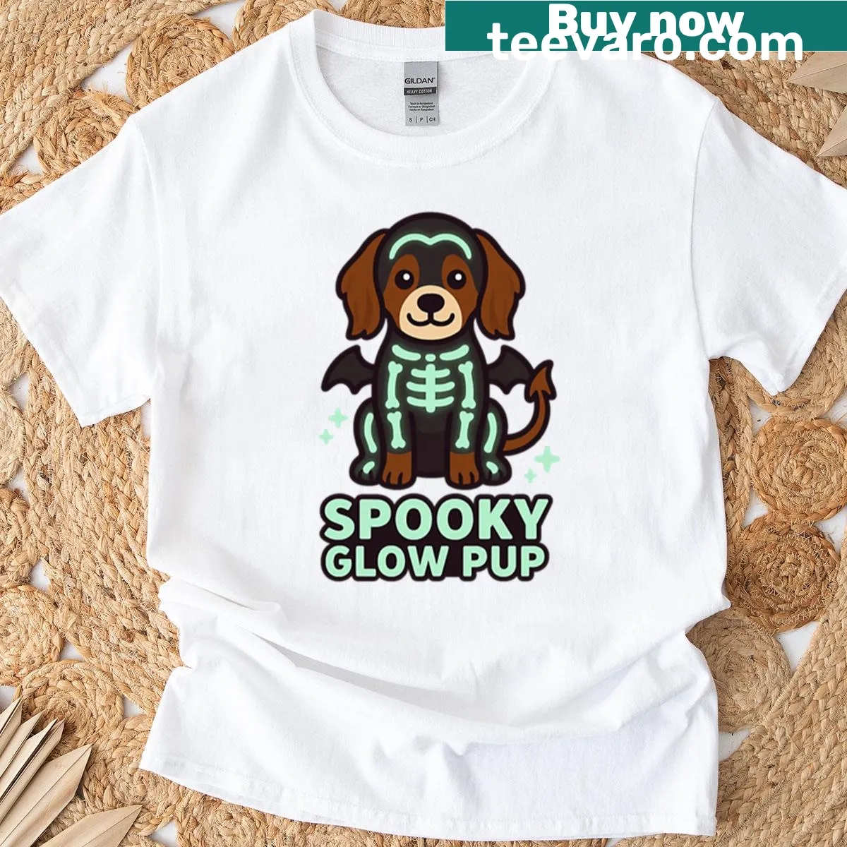 Kawaii-style skeleton dog graphic for Halloween-themed shirt. — on a men's t-shirt