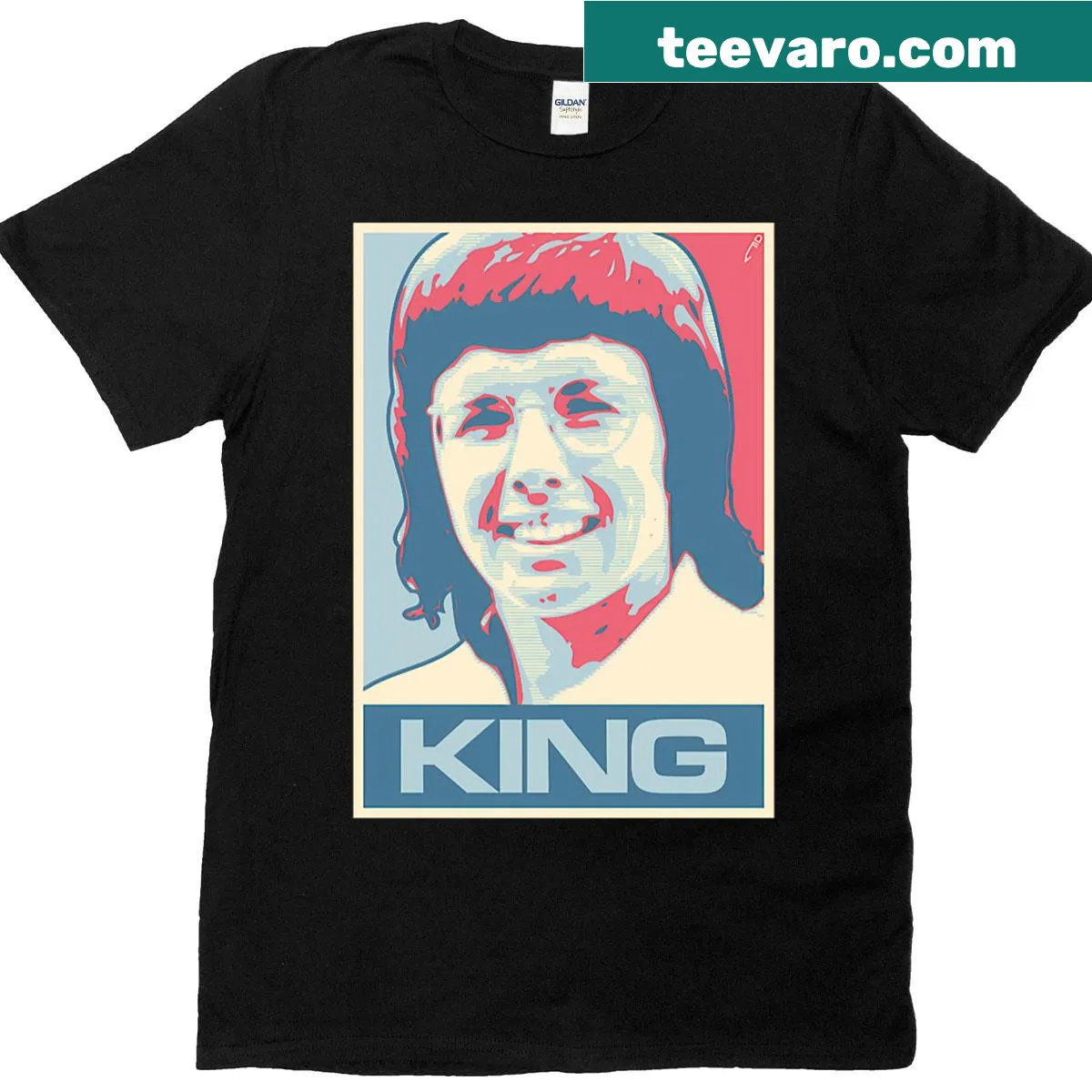 Illustrated portrait T-shirt featuring a visionary figure — on a men's t-shirt