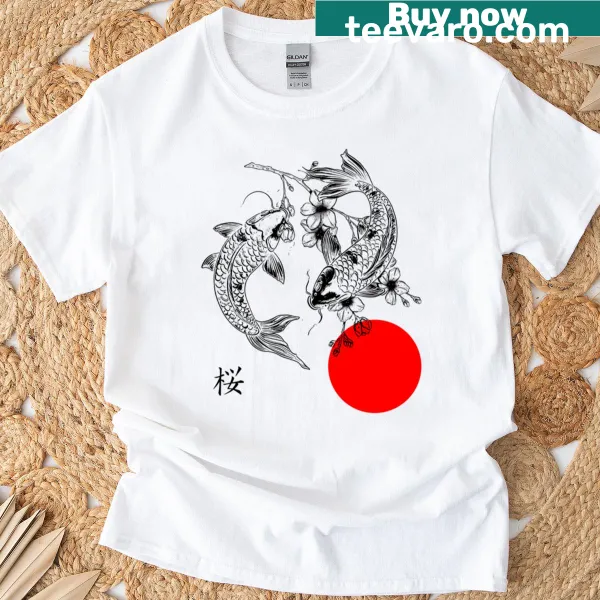 Illustration of koi fish and sakura blossoms on a black t-shirt