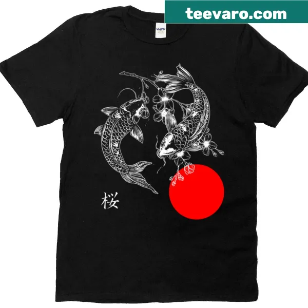 Illustrated T-shirt featuring koi fish and sakura blossoms