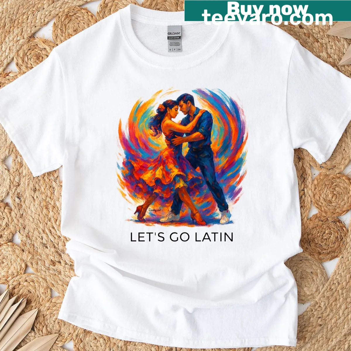 Cartoon t-shirt featuring a Latin dance couple illustration — on a men's t-shirt
