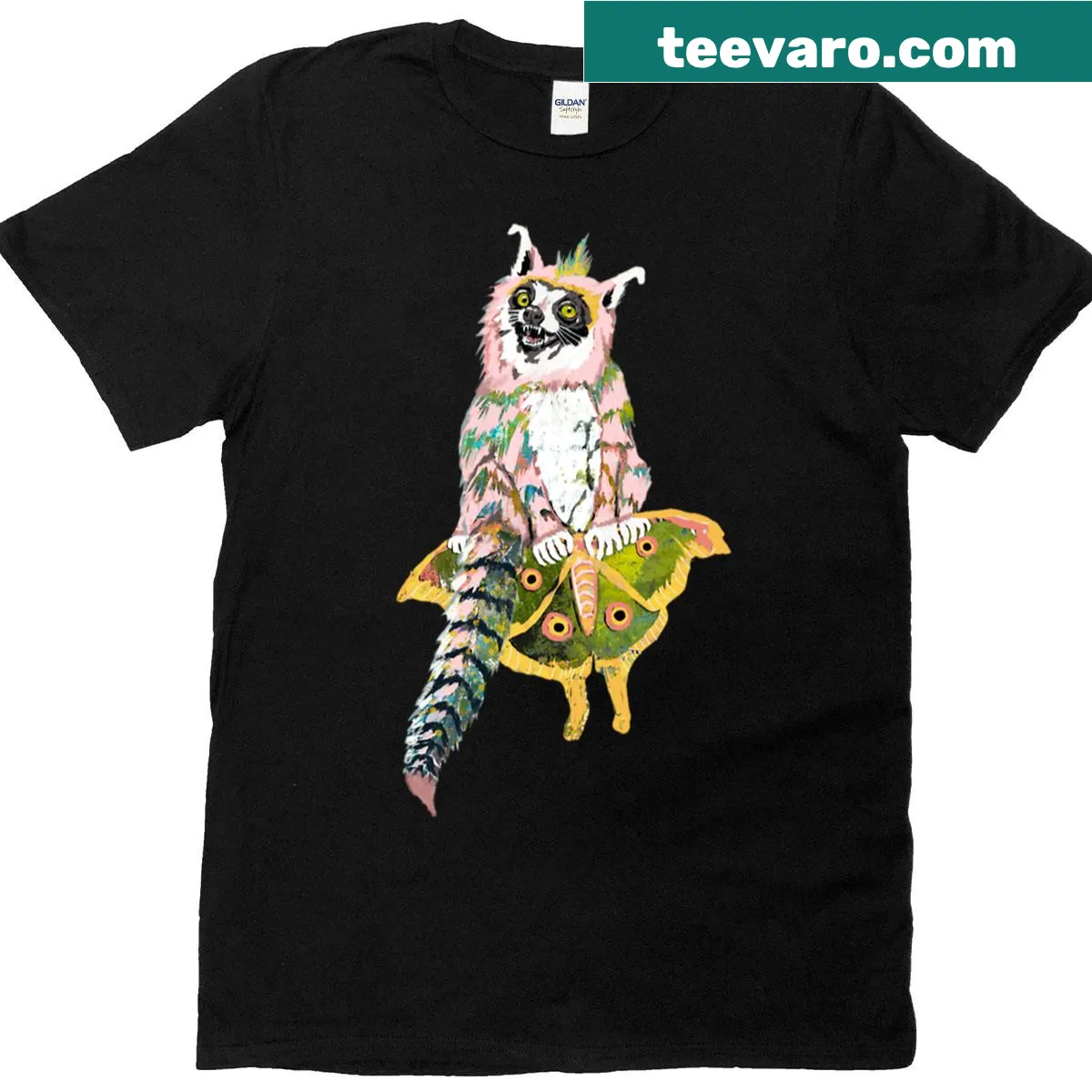 Illustration of a lemur flying on a night moth — on a men's t-shirt