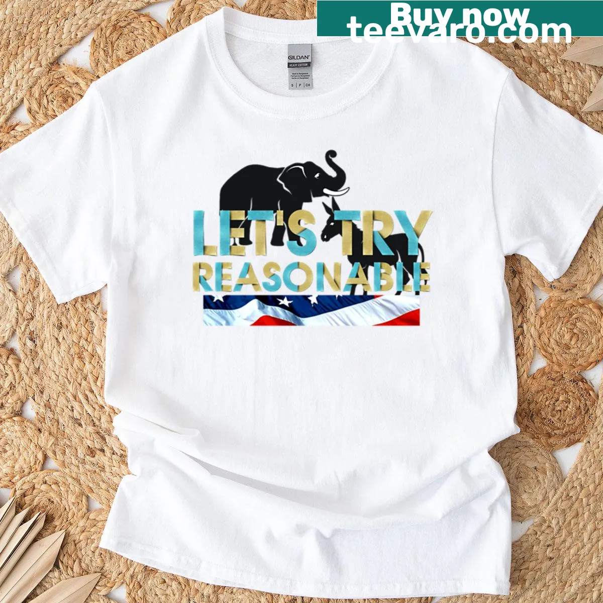 Playful t-shirt with 'Let's Try Reasonable' text design — on a men's t-shirt
