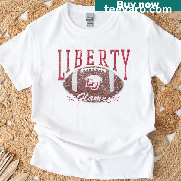 Vintage-style navy shirt with Liberty Flames football graphic and stars