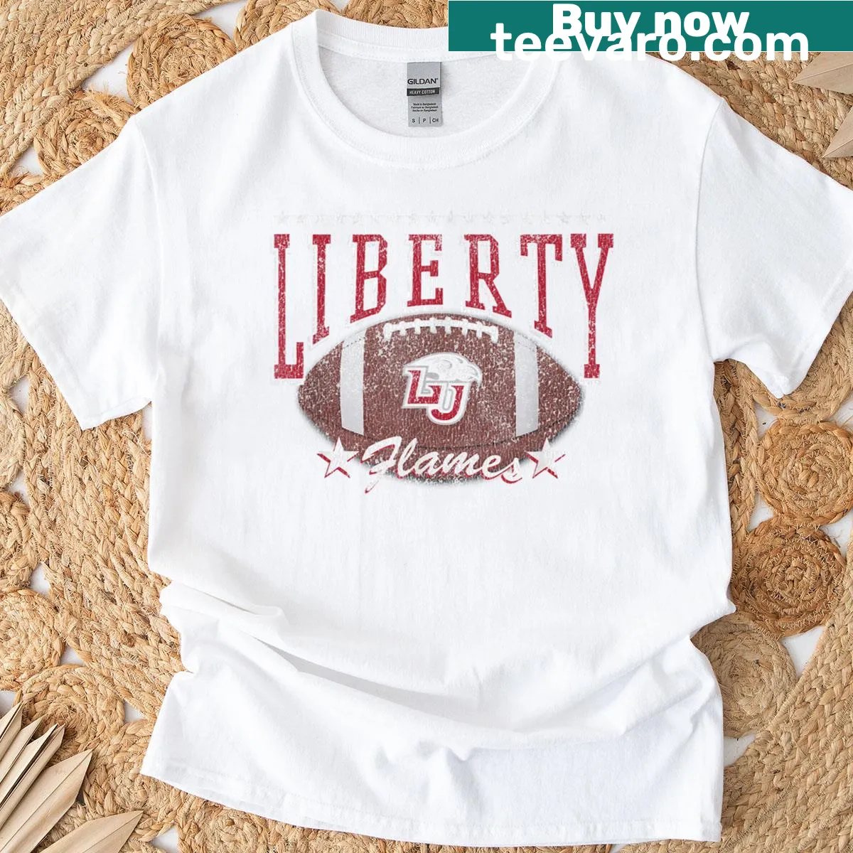 Vintage-style navy shirt with Liberty Flames football graphic and stars — on a men's t-shirt