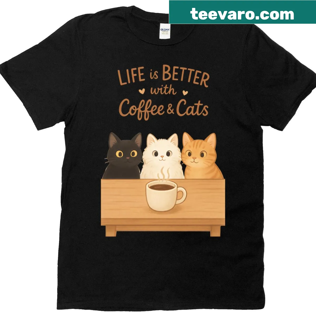 Whimsical T-shirt featuring coffee and cats illustrations — on a men's t-shirt