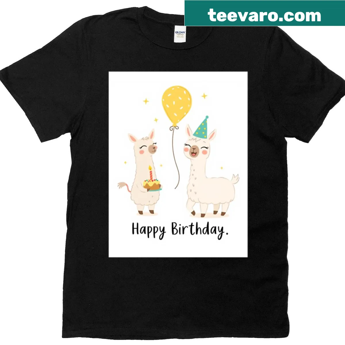 Cute T-shirt featuring a llama with birthday balloons and cake — on a men's t-shirt