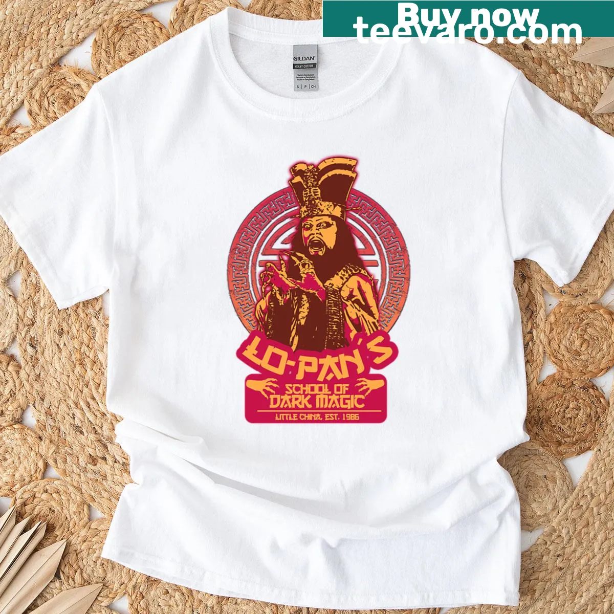 Whimsical design of Lo Pan's School of Magic on T-shirt — on a men's t-shirt