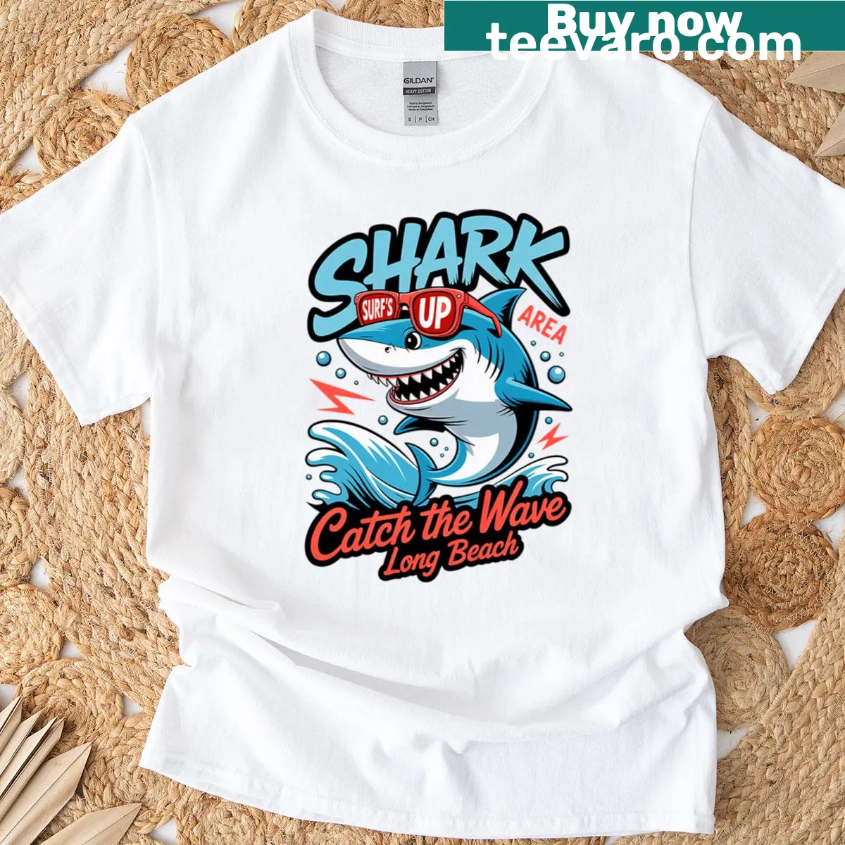 Illustrated Long Beach California t-shirt featuring local landmarks — on a men's t-shirt