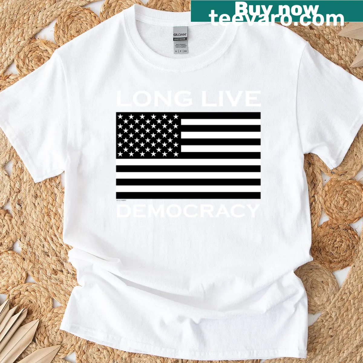 Inspirational Long Live American Democracy t-shirt with bold text — on a men's t-shirt