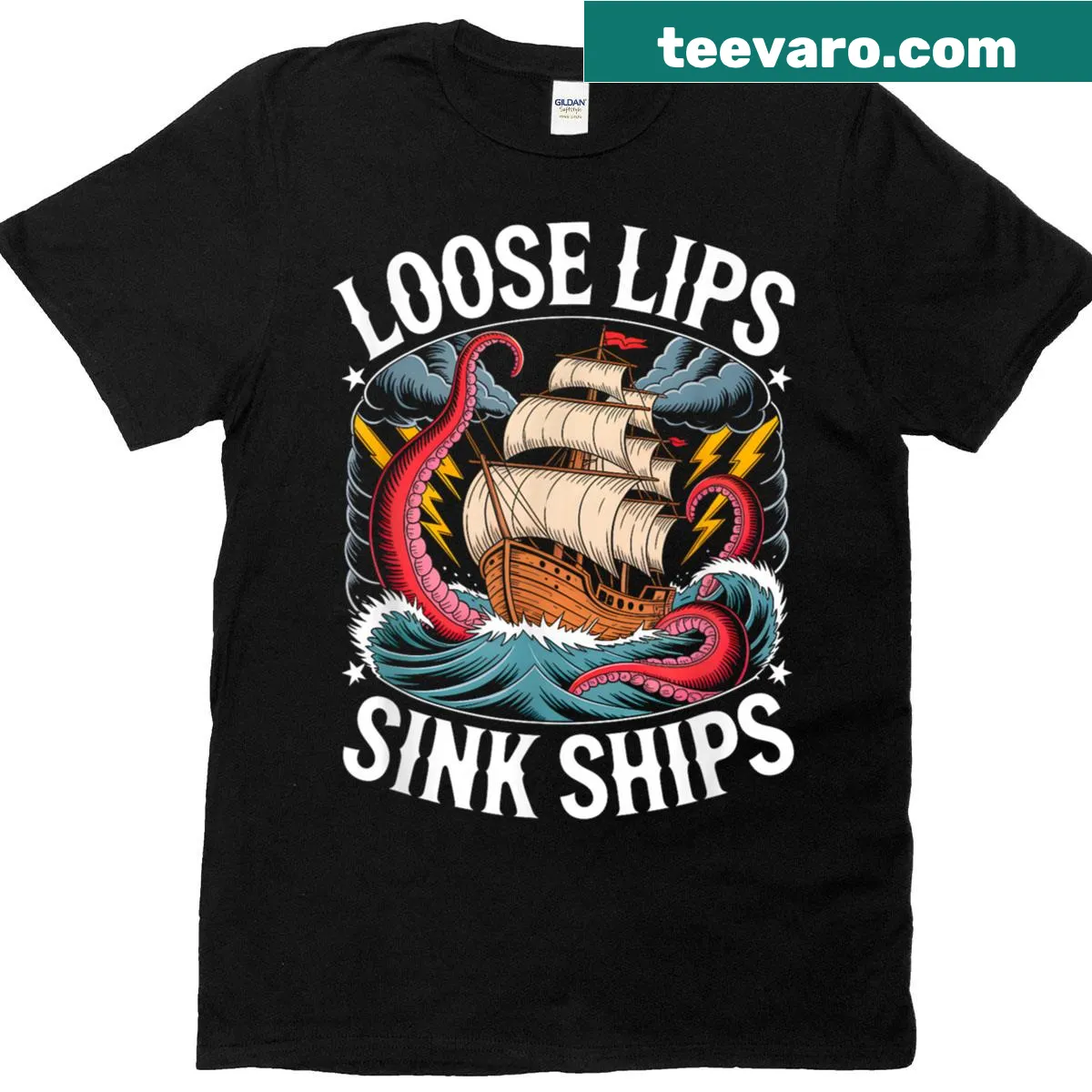 Vintage graphic T-shirt featuring an octopus and the saying 'Loose Lips Sink Ships.' — on a men's t-shirt