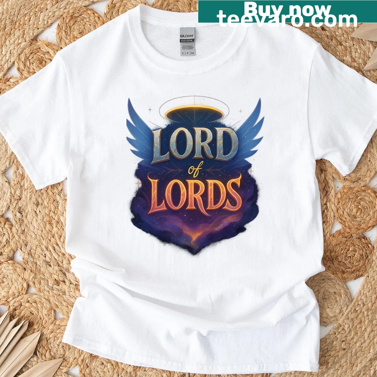 Celestial design T-shirt with 'Lord of Lords' text and cosmic background — on a men's t-shirt