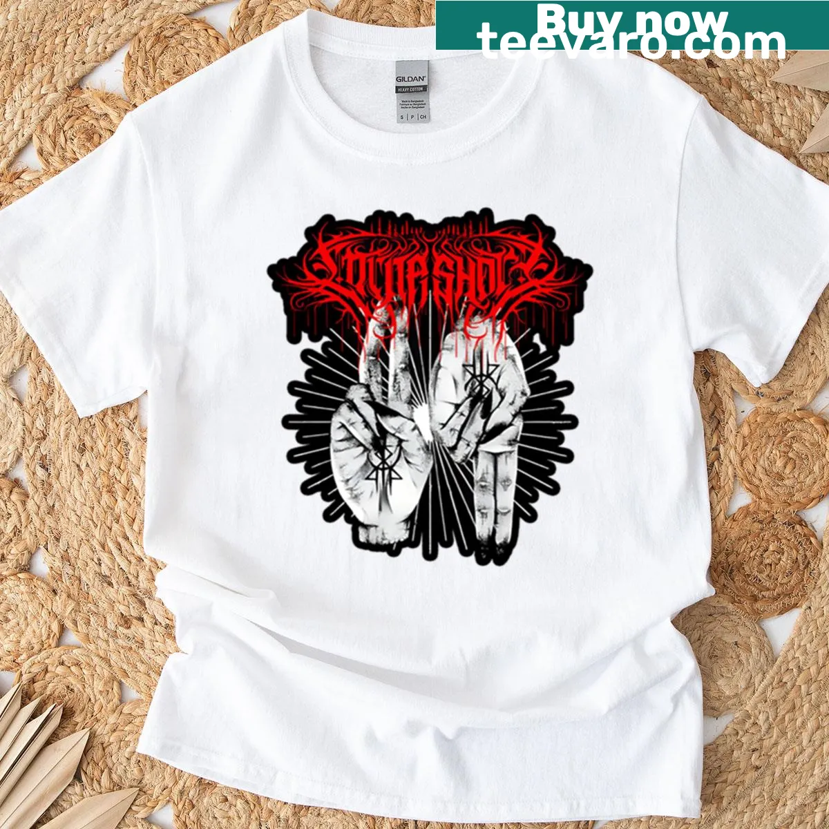 Illustrative Lorna Shore t-shirt featuring band name and intricate design — on a men's t-shirt