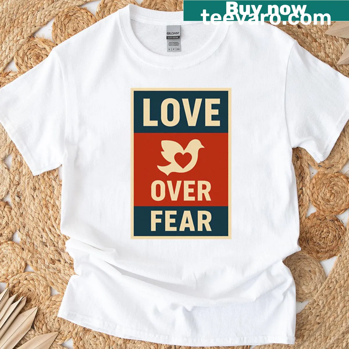 Inspirational t-shirt with 'Love Over Fear' message — on a men's t-shirt