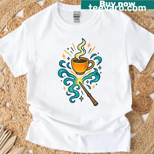 Illustrative T-shirt celebrating coffee with magical design elements