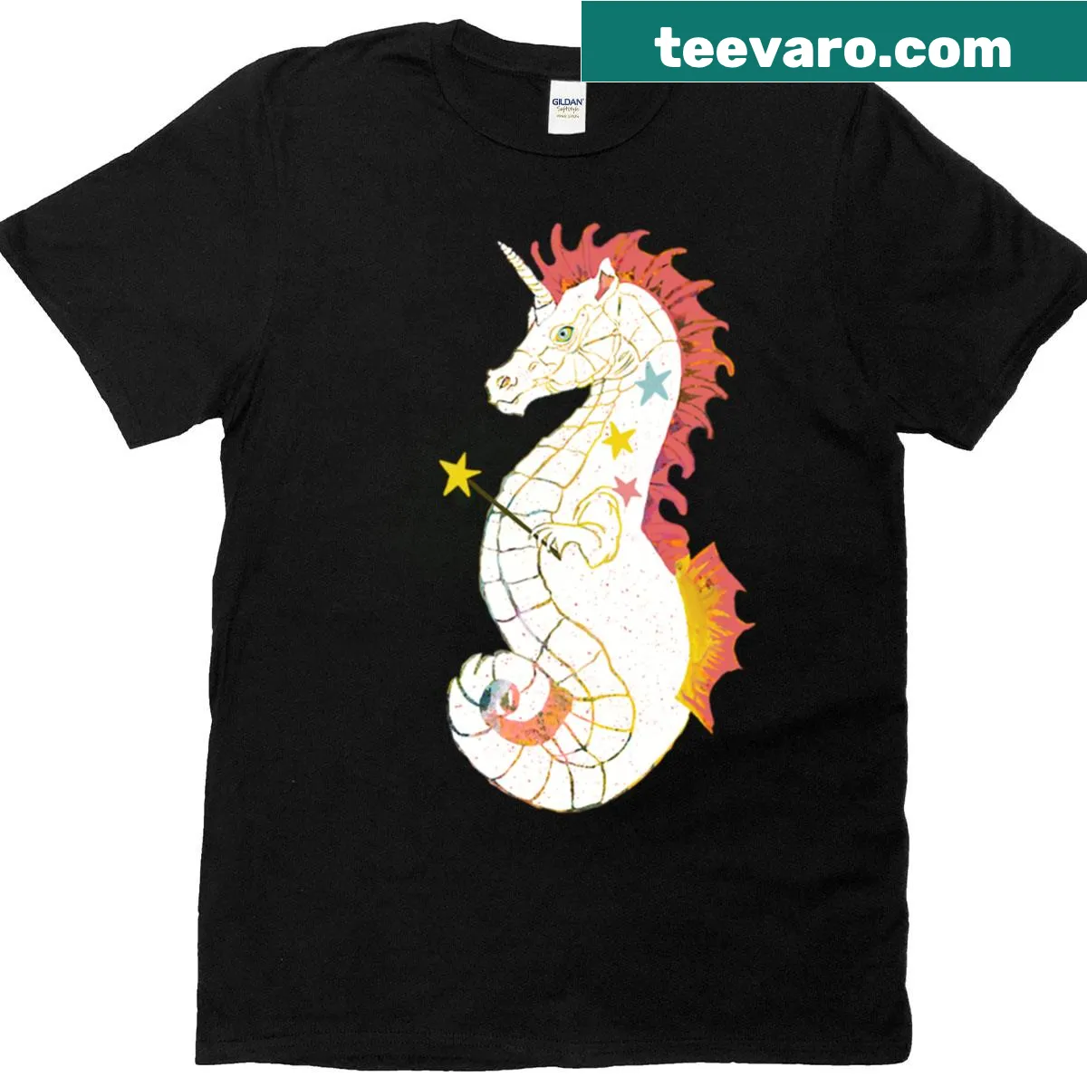 Illustrated t-shirt featuring a dragon, unicorn, and seahorse — on a men's t-shirt